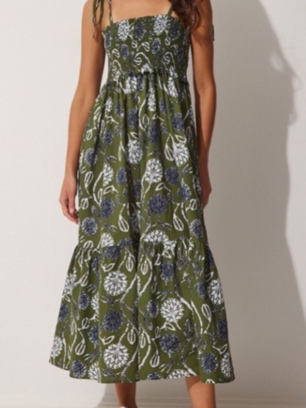 Zara Floral Maxi Dress Olive Green Smocked Bodice Small - Picture 2 of 5